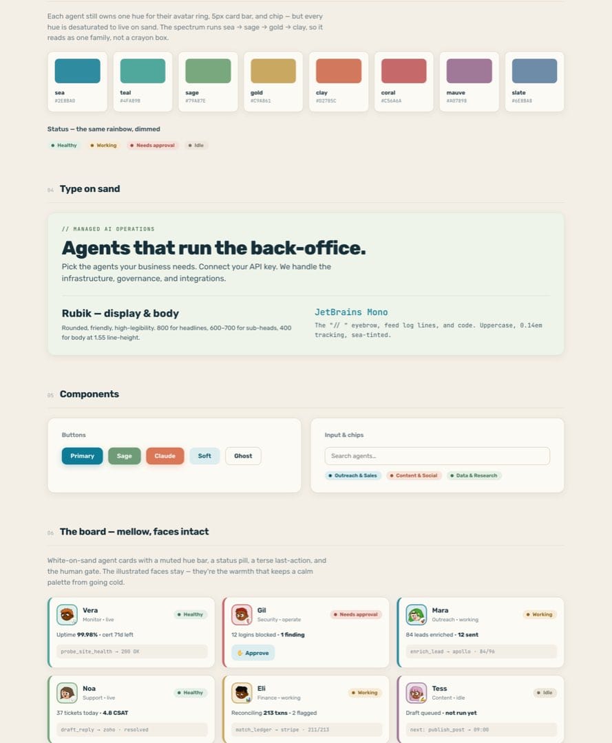 A design-system spec page: a named colour palette with hex values, a type scale, components and board cards