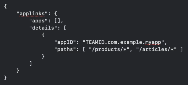 קטע קוד JSON להגדרת applinks עם appID ונתיבי products ו-articles